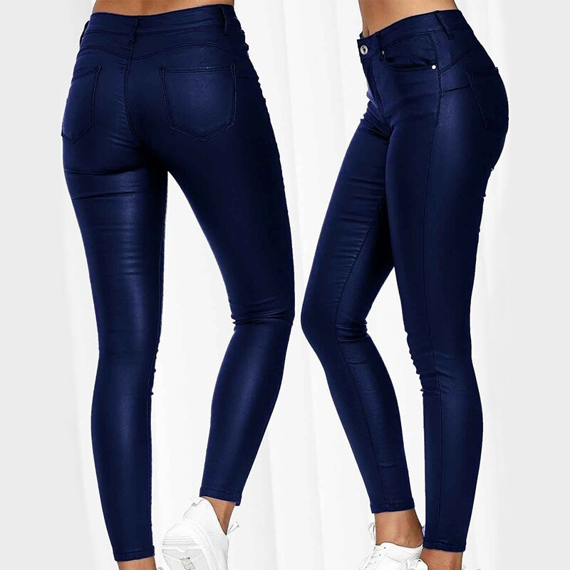Ladies' Faux Leather Skinny Trousers with Stretch and Pockets