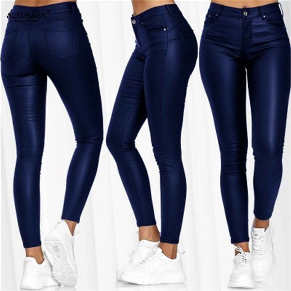 Ladies' Faux Leather Skinny Trousers with Stretch and Pockets