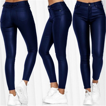 Ladies' Faux Leather Skinny Trousers with Stretch and Pockets