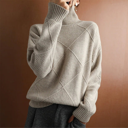 Autumn Knitted Roll Neck with Check Pattern Warm and Soft for Women