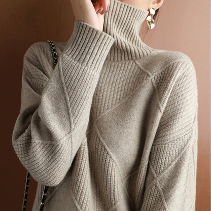 Autumn Knitted Roll Neck with Check Pattern Warm and Soft for Women