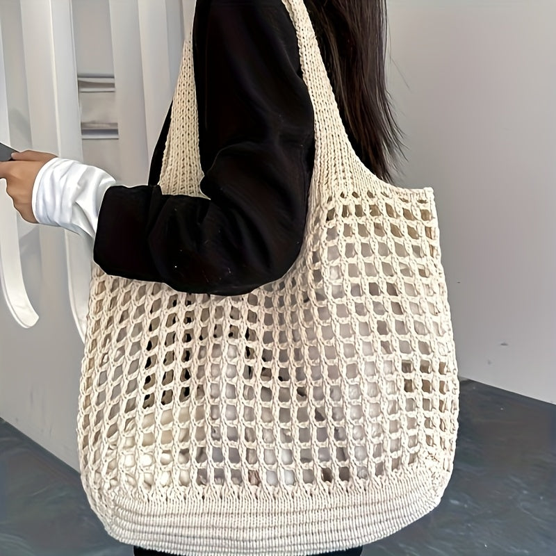 Borsa da spiaggia intrecciata a rete aperta, capiente, da donna