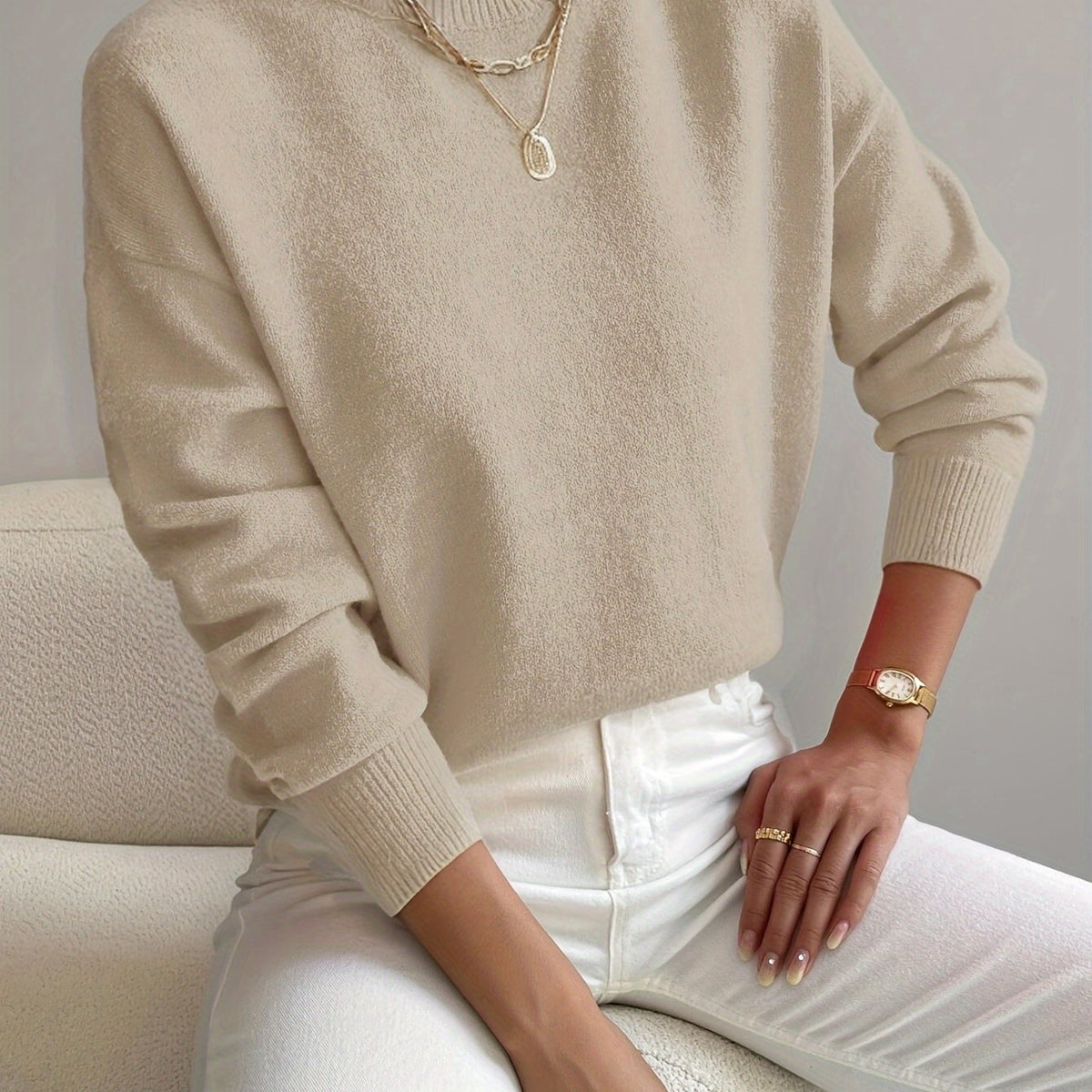 Camisola de malha para senhora, de gola subida e manga comprida, para o outono e o inverno