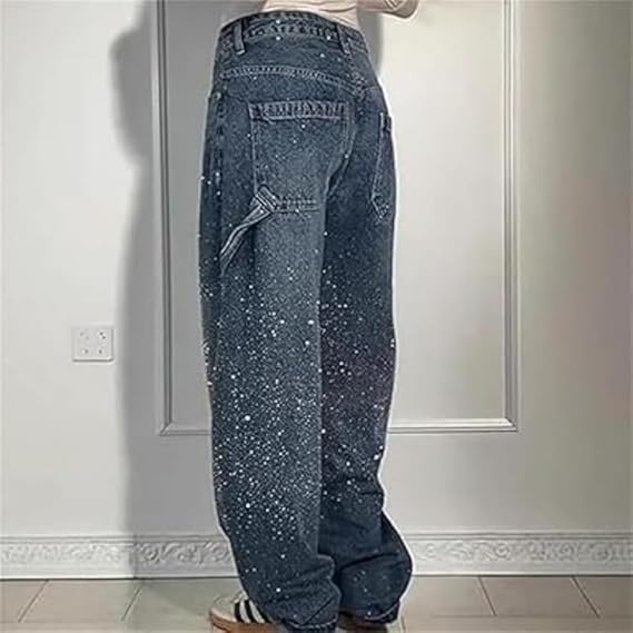 Ladies High Waist Straight Jeans with Glitter