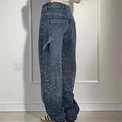 Ladies High Waist Straight Jeans with Glitter