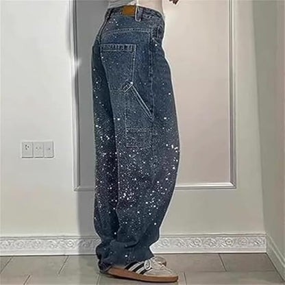 Ladies High Waist Straight Jeans with Glitter