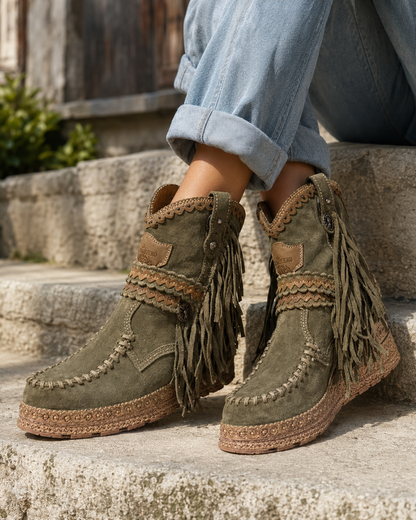Ladies' Boho Suede Ankle Boots with Fringes and Braided Strap