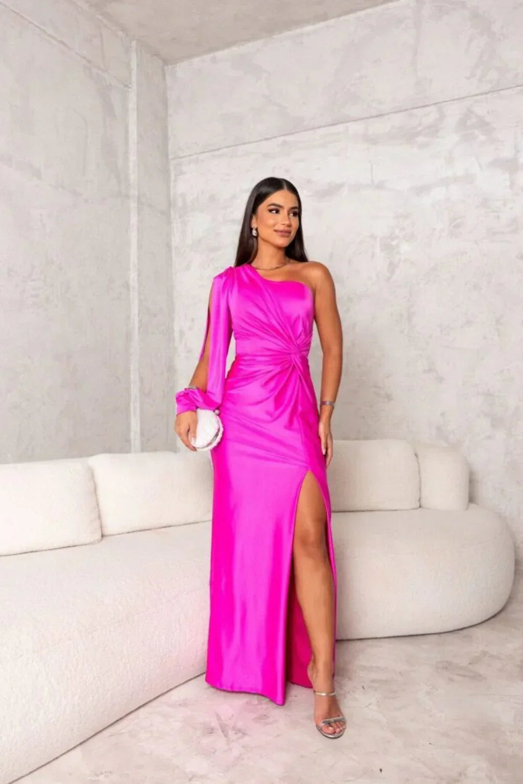 Vestido largo elegante de gala para mujer, de un solo hombro y con abertura