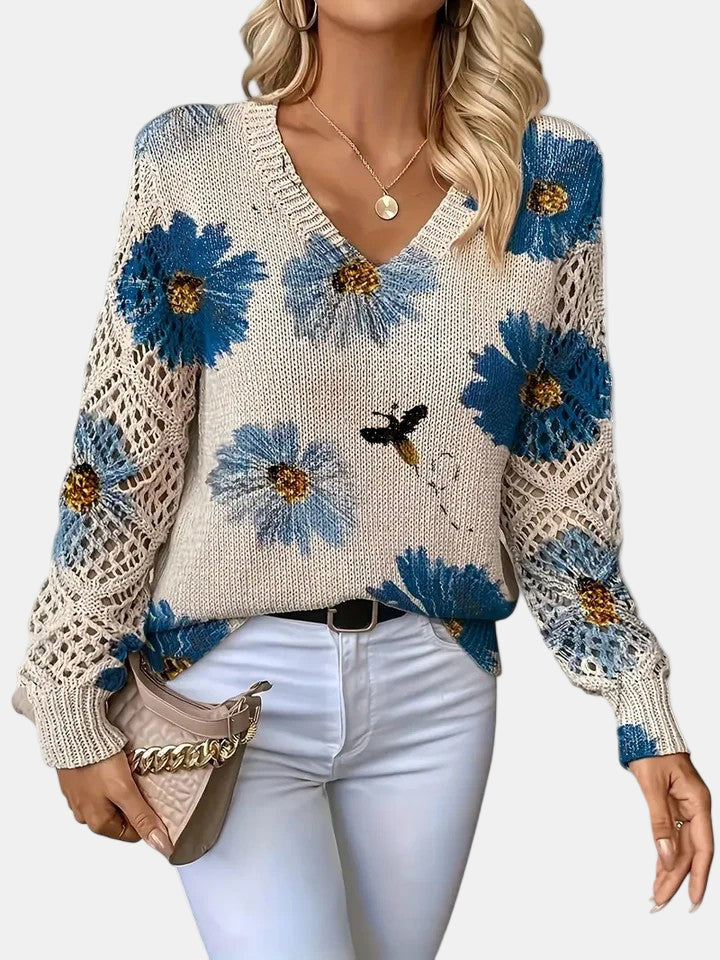 Ladies' Knitted Jumper with Floral Print and V-Neck