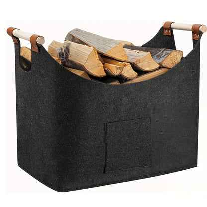 Foldable Felt Log Basket XL with Wooden Handles – Sustainable and Stylish Wood Carrier for Indoor Use