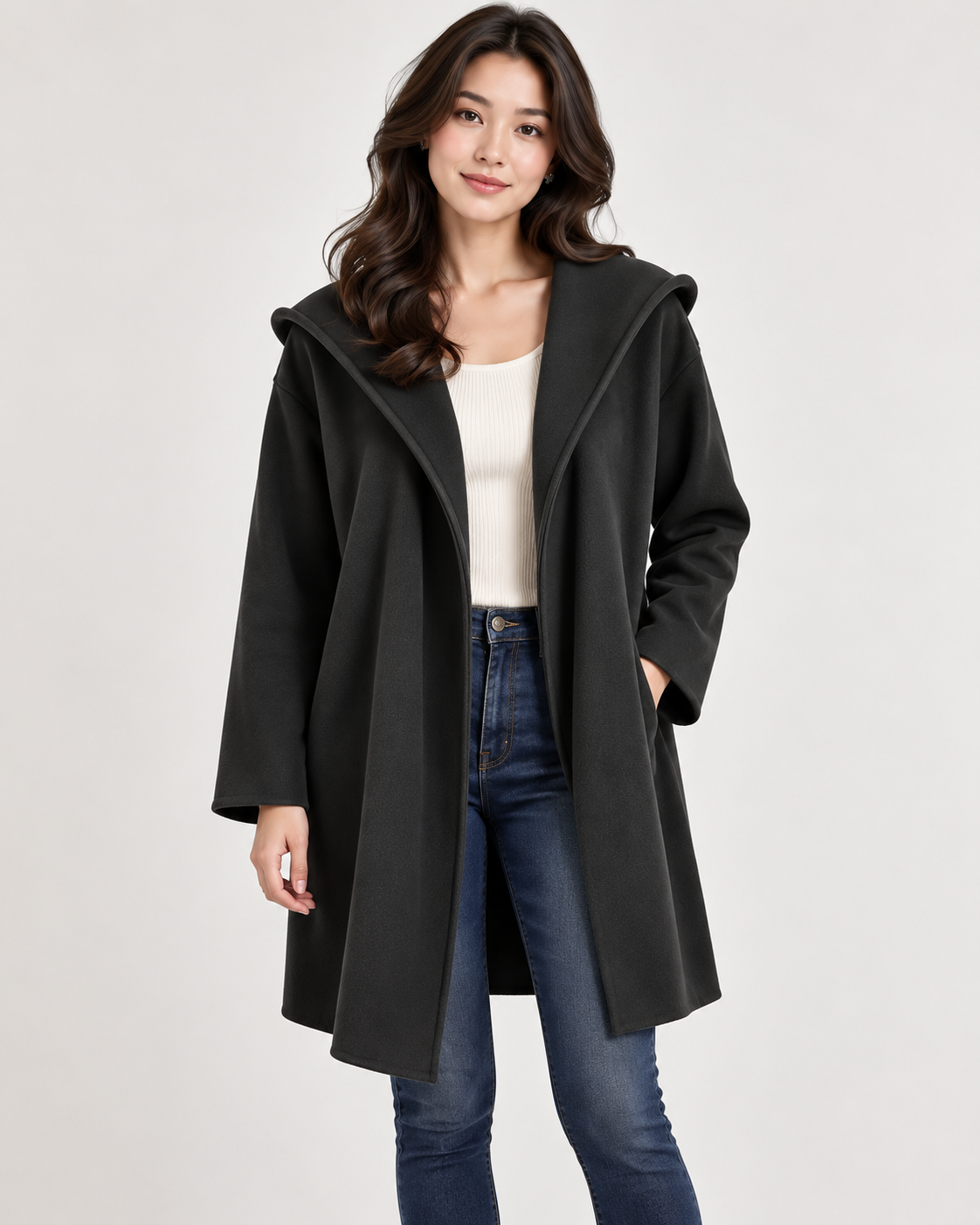 Manteau classique en laine pour femme avec col châle et poches passepoilées