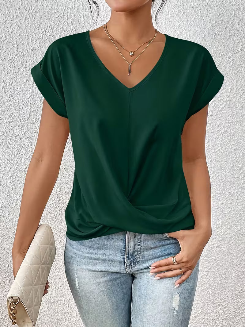 Breathable Elegant Ladies Top with V Neck and Twisted Detail