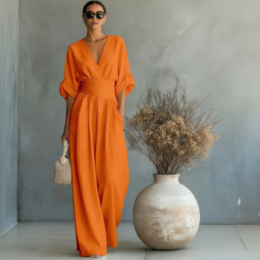 Summer Short-sleeved Jumpsuit V-neck