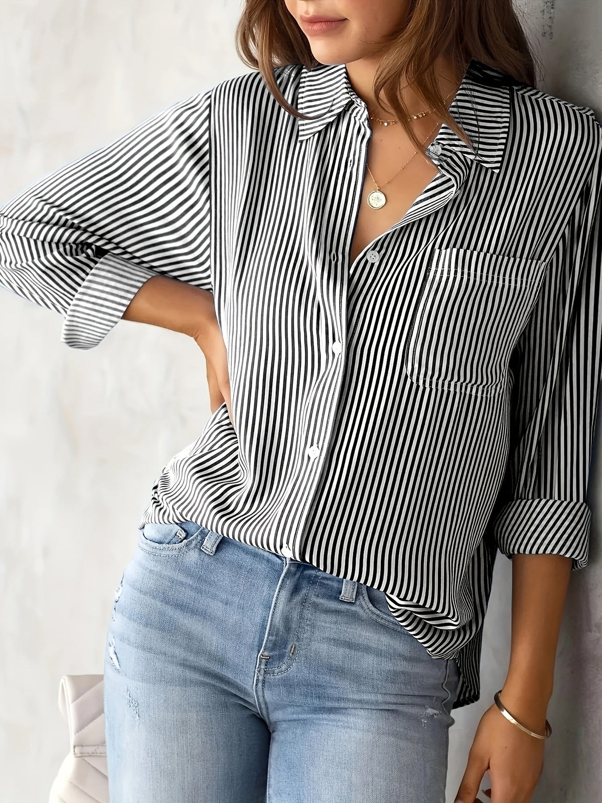 Chic Ladies Striped Blouse with Collar and Button Closure