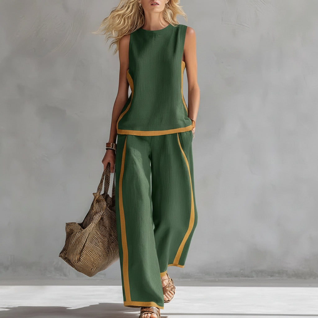 Damen ärmellose Weste und Set bestehend aus hoch taillierter Hose mit weitem Bein