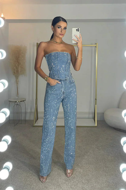 Ensemble à paillettes pour femme avec crop top bustier à sequins et jean
