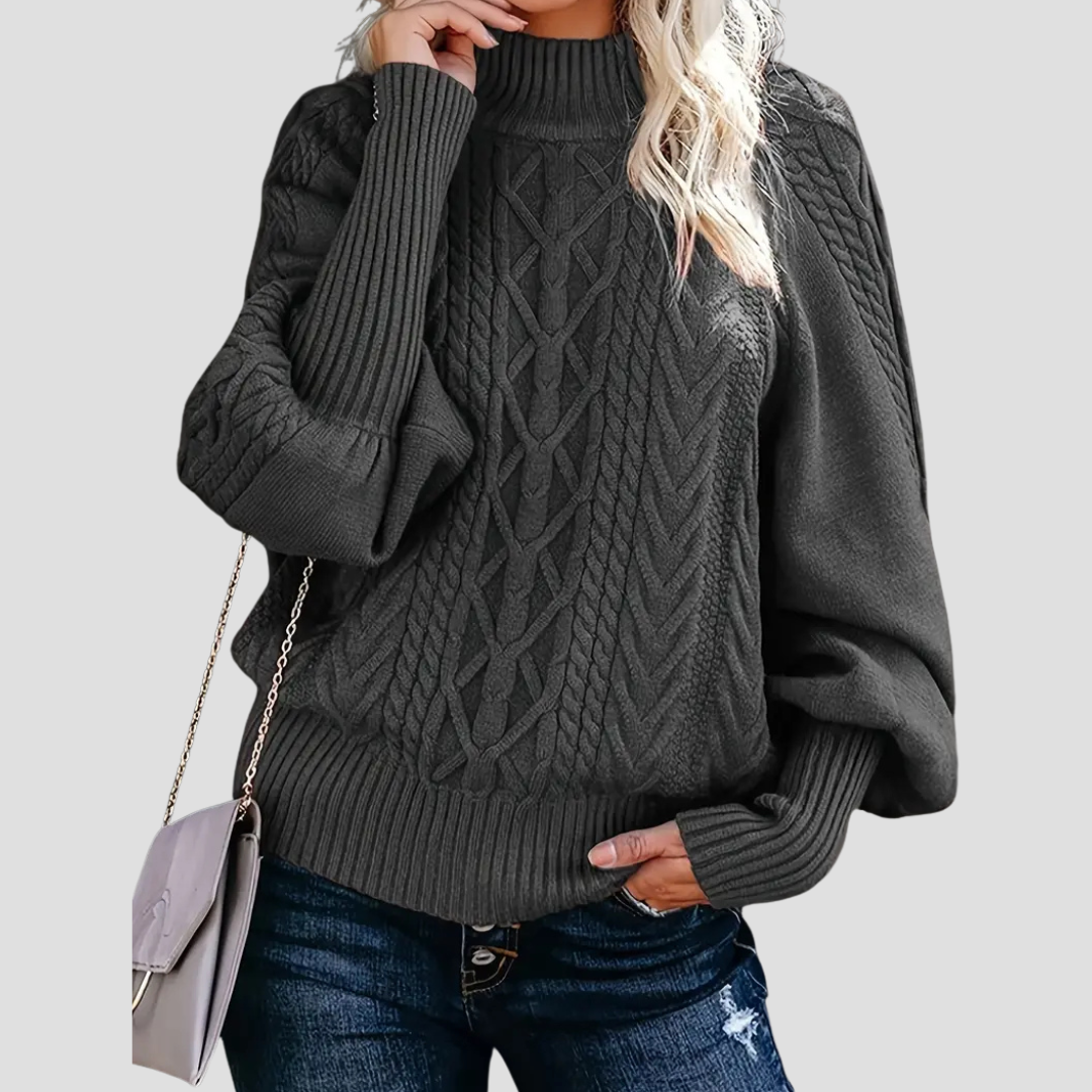 Cable Knit Ladies Turtleneck Warm with Balloon Sleeves