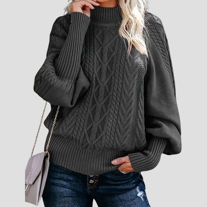 Cable Knit Ladies Turtleneck Warm with Balloon Sleeves