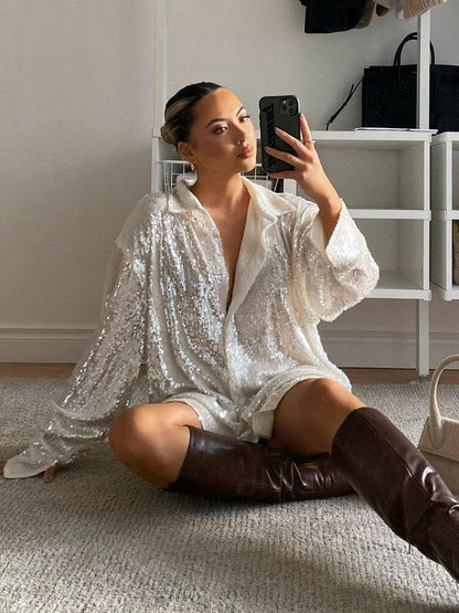 Ladies' Festive Oversized Blouse with Sequins and Collar