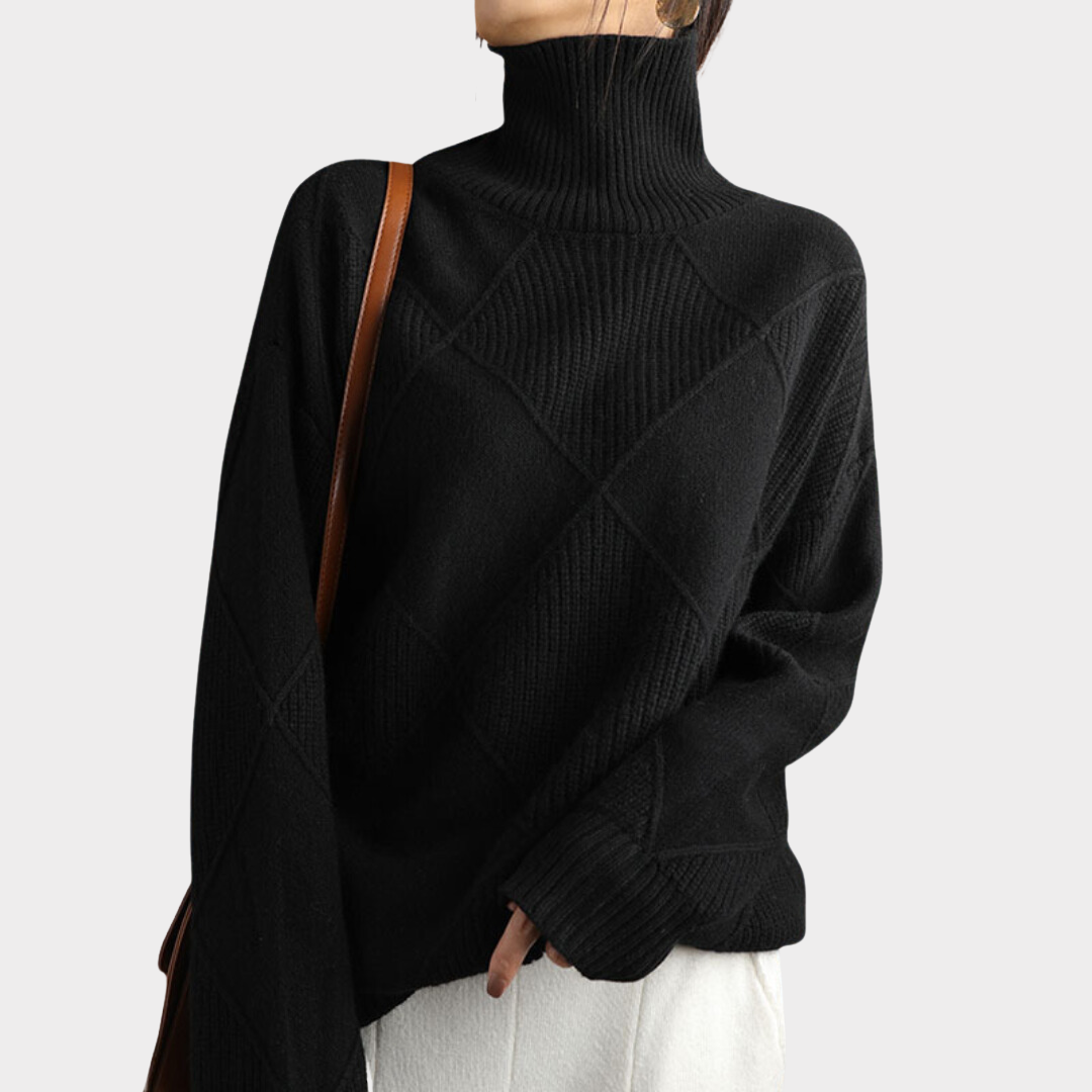 Ladies' Cosy Turtleneck Jumper with Check Pattern and Dropped Shoulders