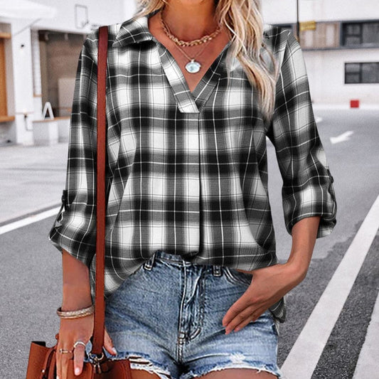 Blusa de cuadros con mangas largas y escote en V para mujer