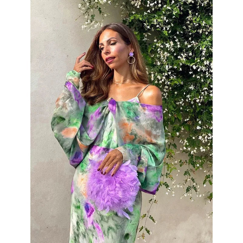 Μάξι φόρεμα παραλίας tie-dye με ανοιχτή πλάτη και μακριά μανίκια