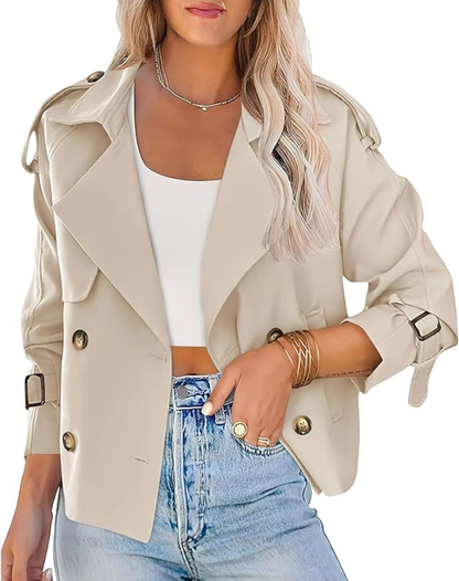 Beige Trench Coat for Women Short Classic with Belt and Button Closure