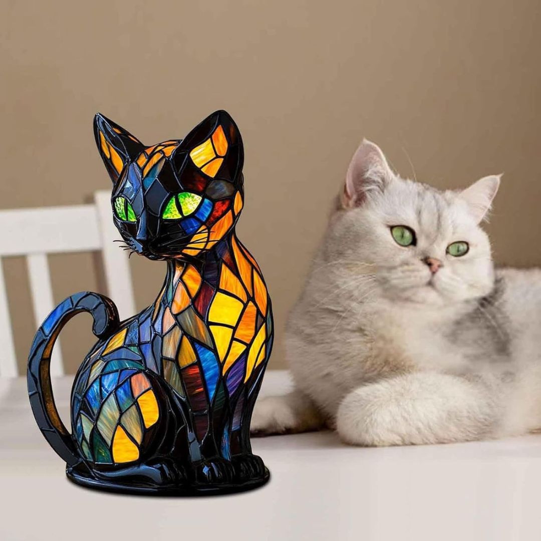Candeeiro decorativo para gatos com design em mosaico e luz ambiente quente – Decoração elegante para a casa