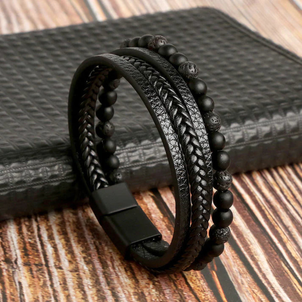 Men's Bracelet Made of Layered Leather and Stone Beads