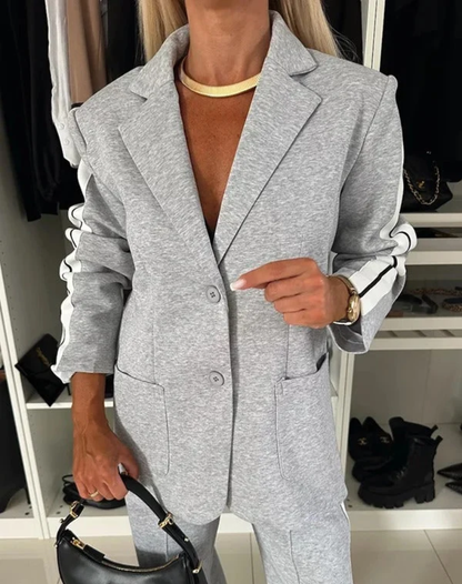 Comfortable Ladies Blazer Set with Wide Trousers and Stripes