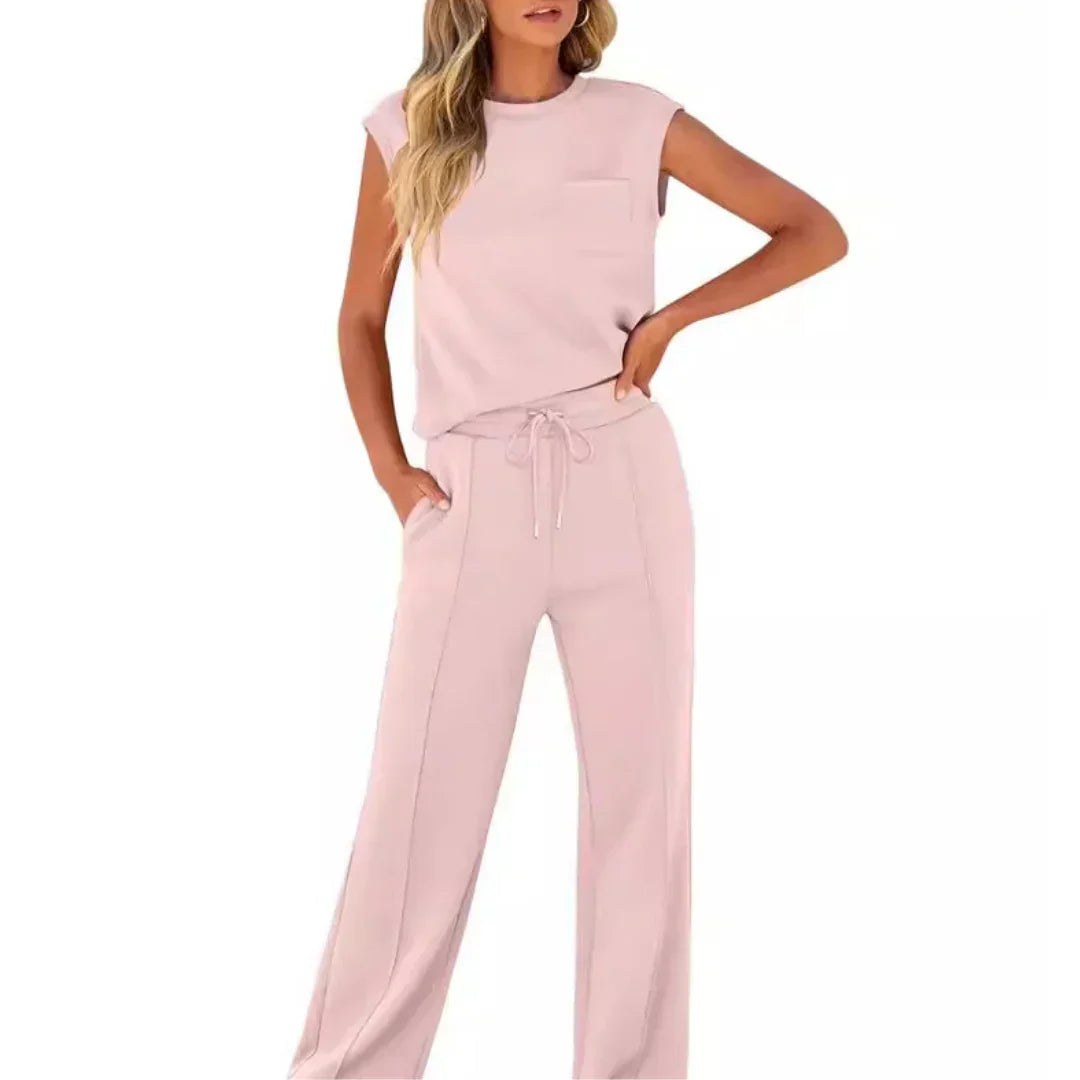 Ladies Comfortable Set with Sleeveless Top and Wide Trousers
