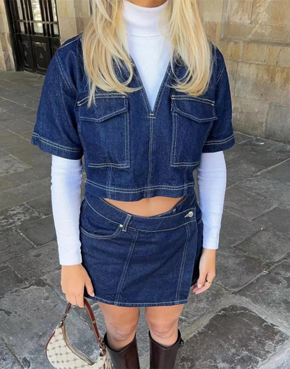 Conjunto vaquero de dos piezas con top y falda pantalón