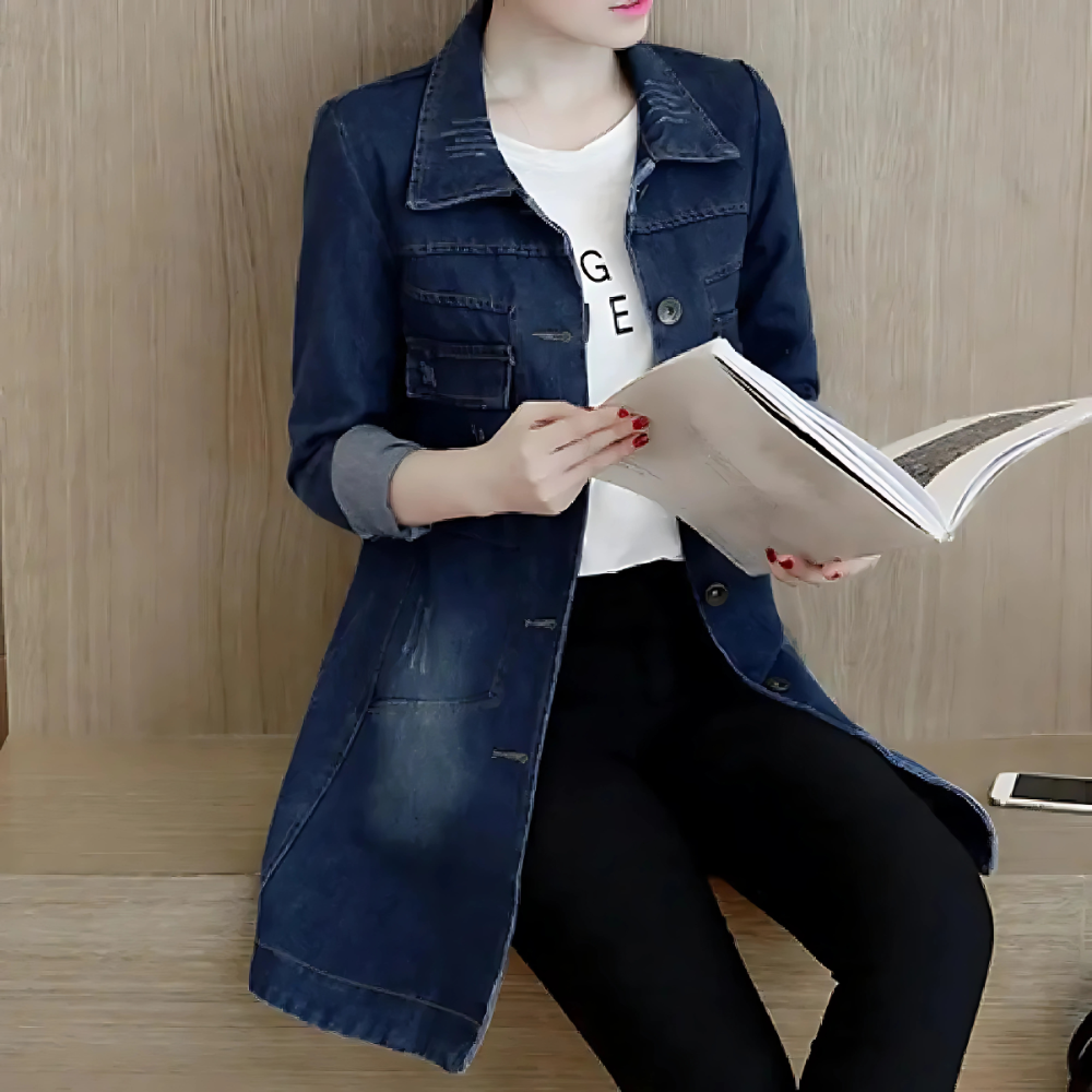 Long Denim Jacket for Women with Embroidery Details