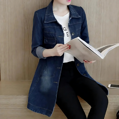 Long Denim Jacket for Women with Embroidery Details