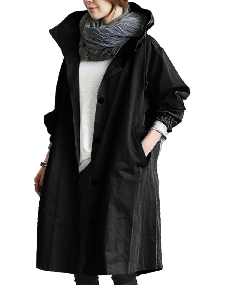 Waterproof Trench Coat for Women Long with Hood and Buttons