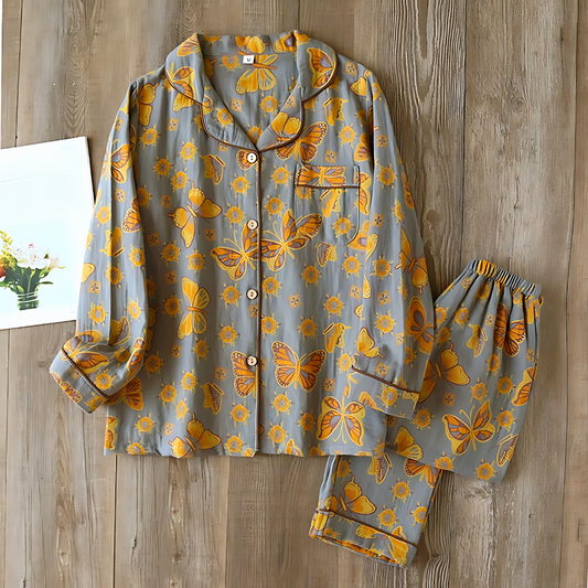Conjunto de ropa cómoda de algodón de 2 piezas con estampado de mariposas para mujer