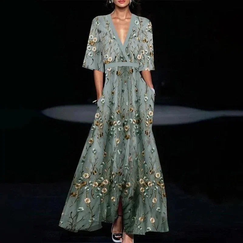 V-Neck Maxi Dress with Print and Pockets