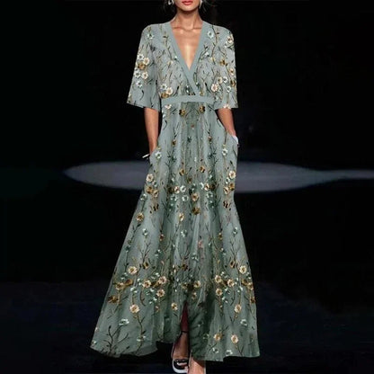 V-Neck Maxi Dress with Print and Pockets