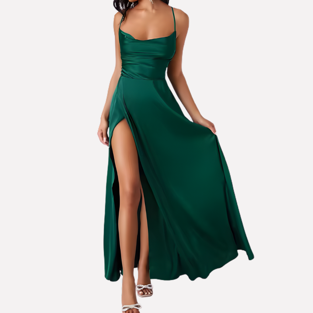 Maxi dress for women with an open back and high side slit.