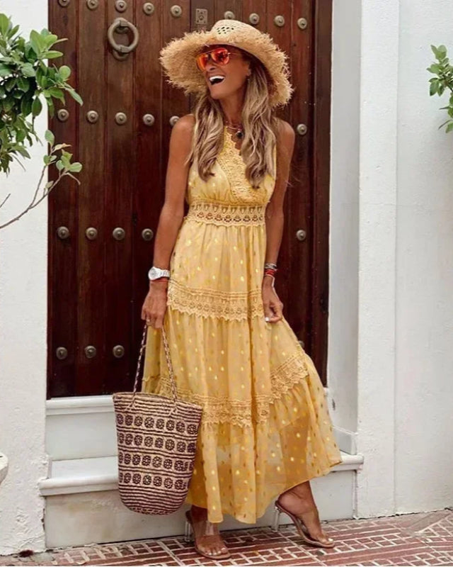 Long Maxi Dress with Print and V-Neck