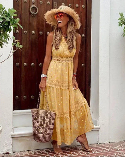 Long Maxi Dress with Print and V-Neck
