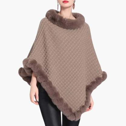 Poncho da donna in maglia con bordo in pelliccia sintetica e vestibilità oversize