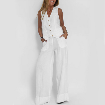 Summer Sleeveless V-Neck Waistcoat and Loose Straight Trousers
