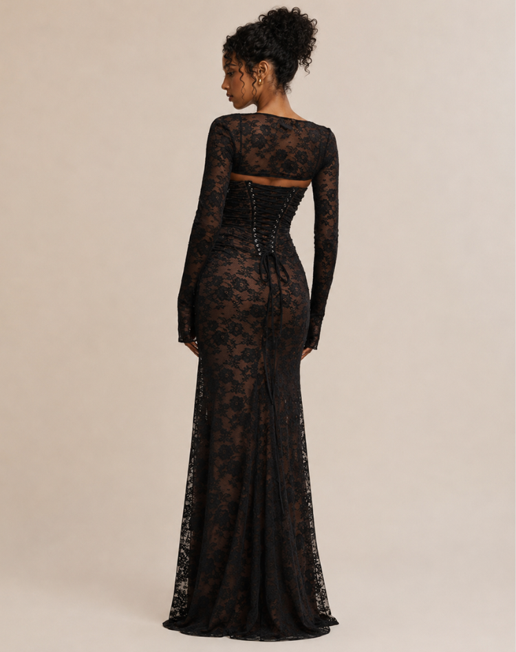 Maxi-avondjurk van kant voor dames met lange mouwen en elegant silhouet