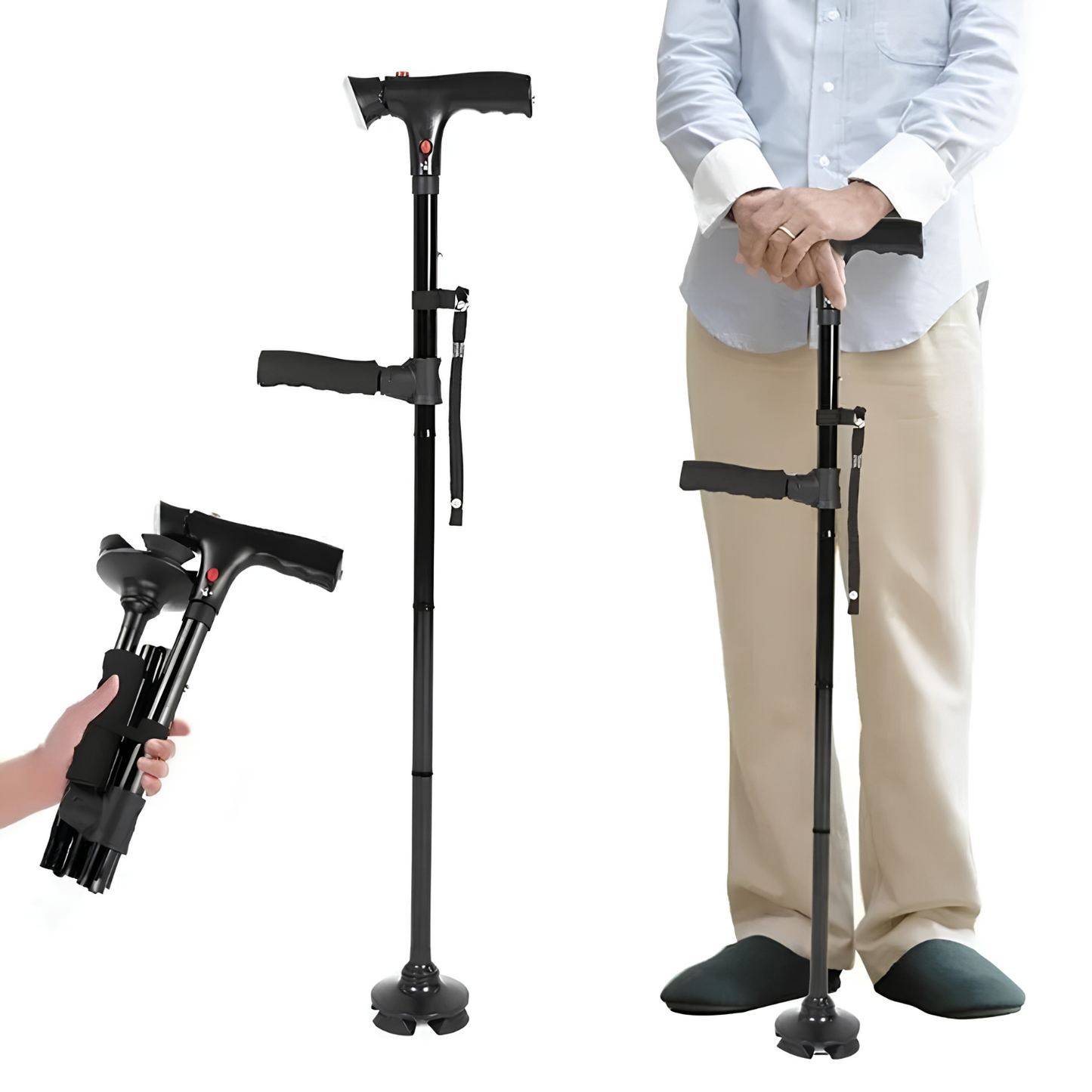 Foldable Walking Stick with Dual Handles, Alarm, and Light