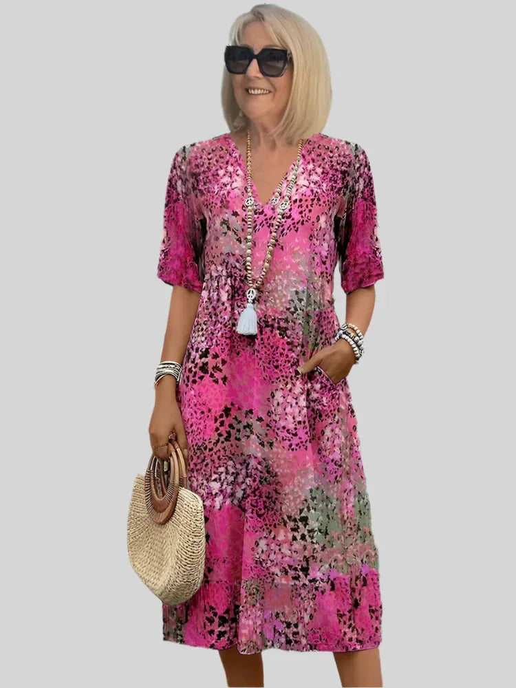 Vintage Print Dress with Lace and V-Neck