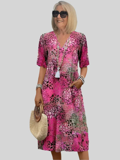 Vintage Print Dress with Lace and V-Neck