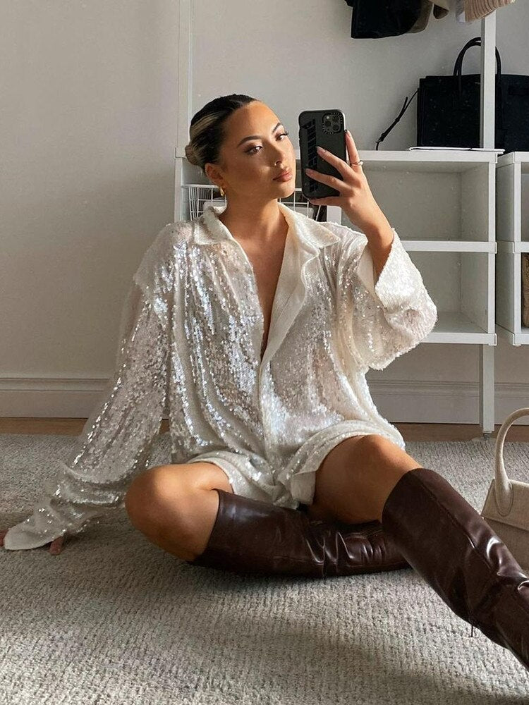 Ladies Oversized Sequin Blouse with Long Sleeves
