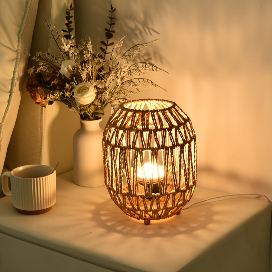 Bohemian Rattan Table Lamp – Handmade Light Accent for Bedroom or Living Space