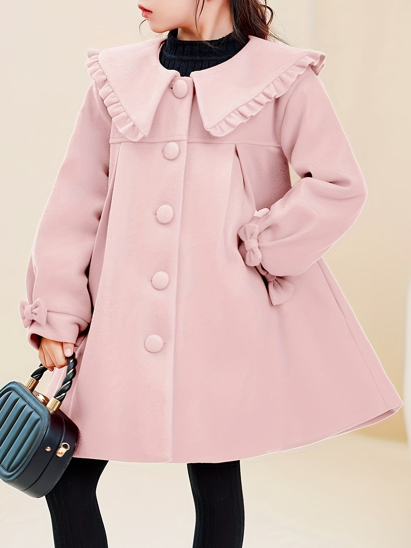 Girls' Elegant Button Closure Warm Coat with Ruffled Collar - Lily